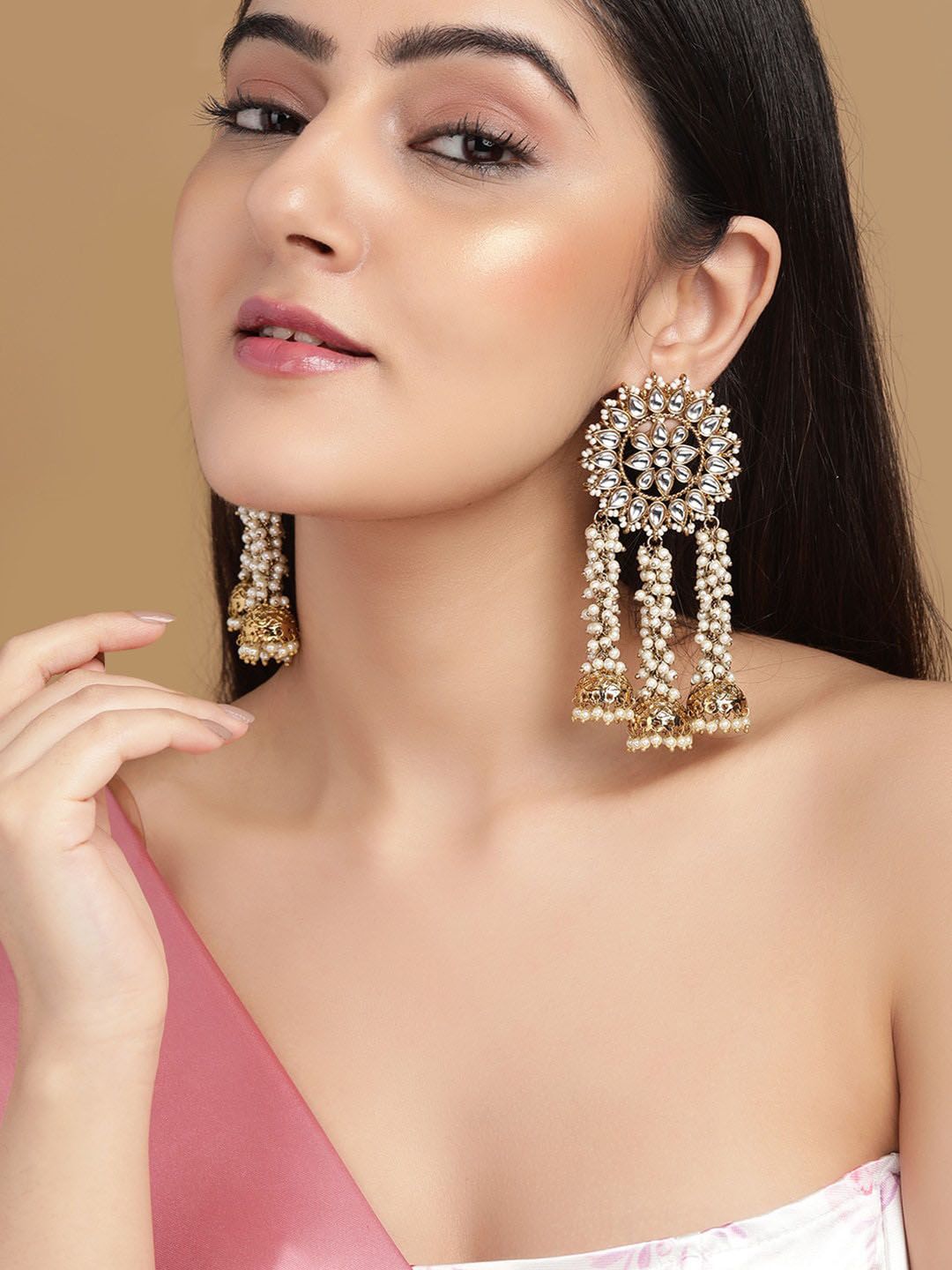 Rubans  Gold Plated Handcrafted Kundan Dome Shaped Jhumkas Earrings Price in India