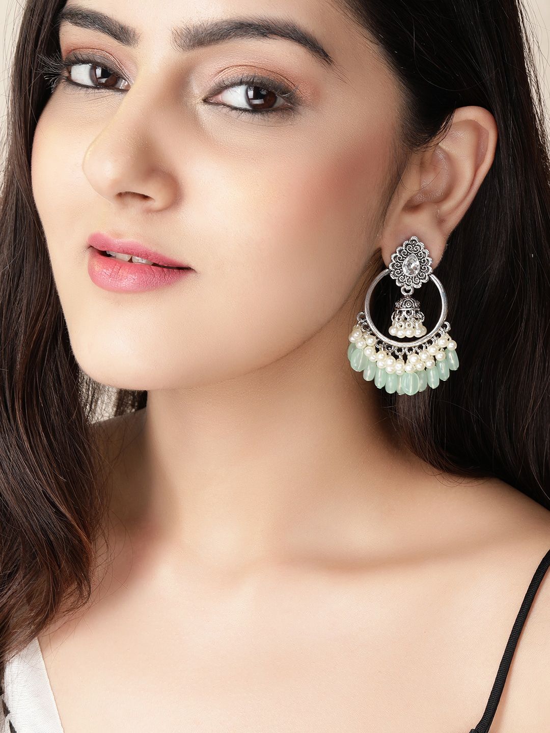 Rubans Green-Toned & Silver-Plated Crescent Shaped Oxidised Chandbalis Earrings Price in India