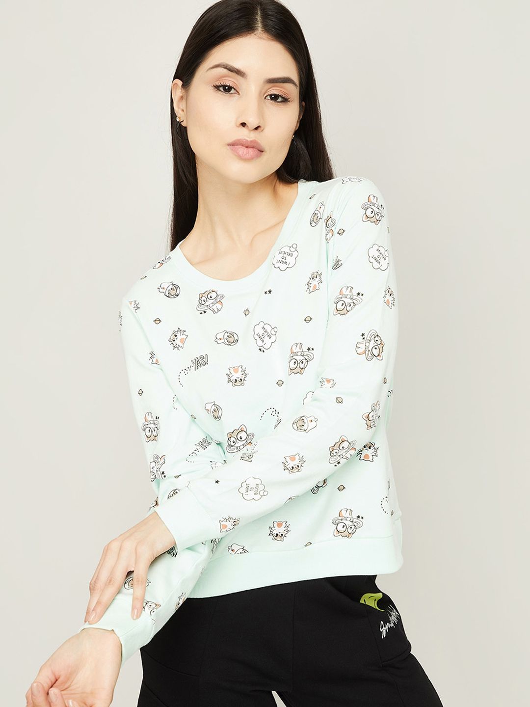Ginger by Lifestyle Women Sea Green Printed Sweatshirt Price in India