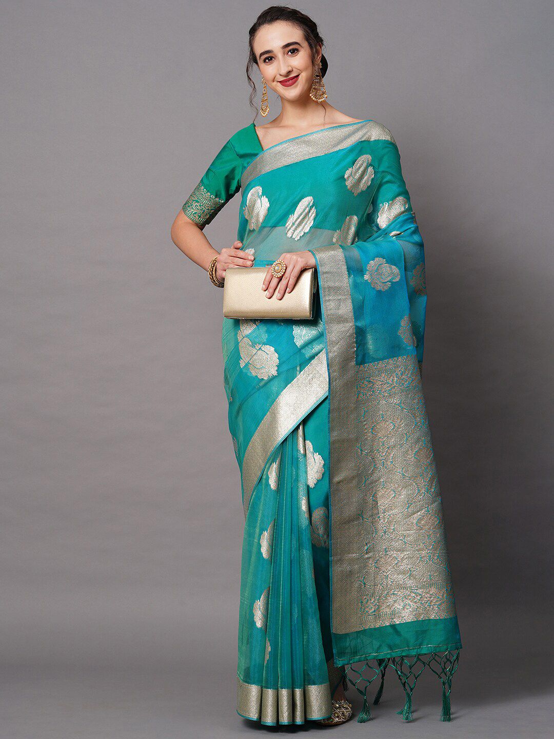 Mitera Teal & Silver-Toned Woven Design Organza Banarasi Saree Price in India