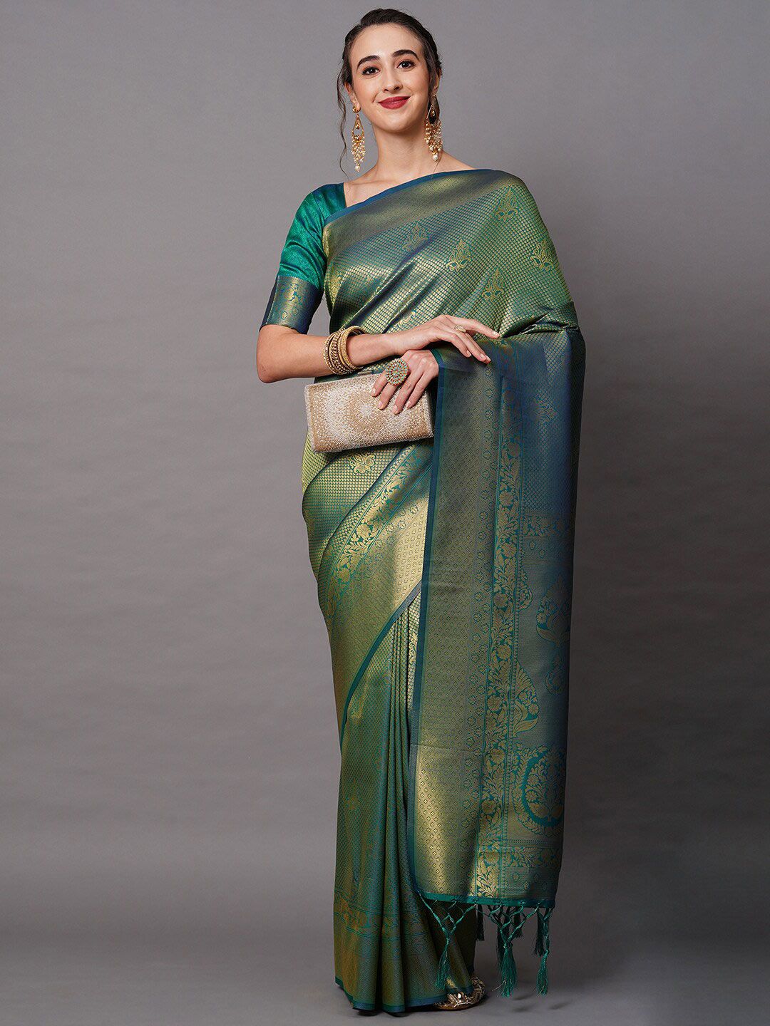 Mitera Teal & Gold-Toned Woven Design Zari Silk Blend Banarasi Saree Price in India