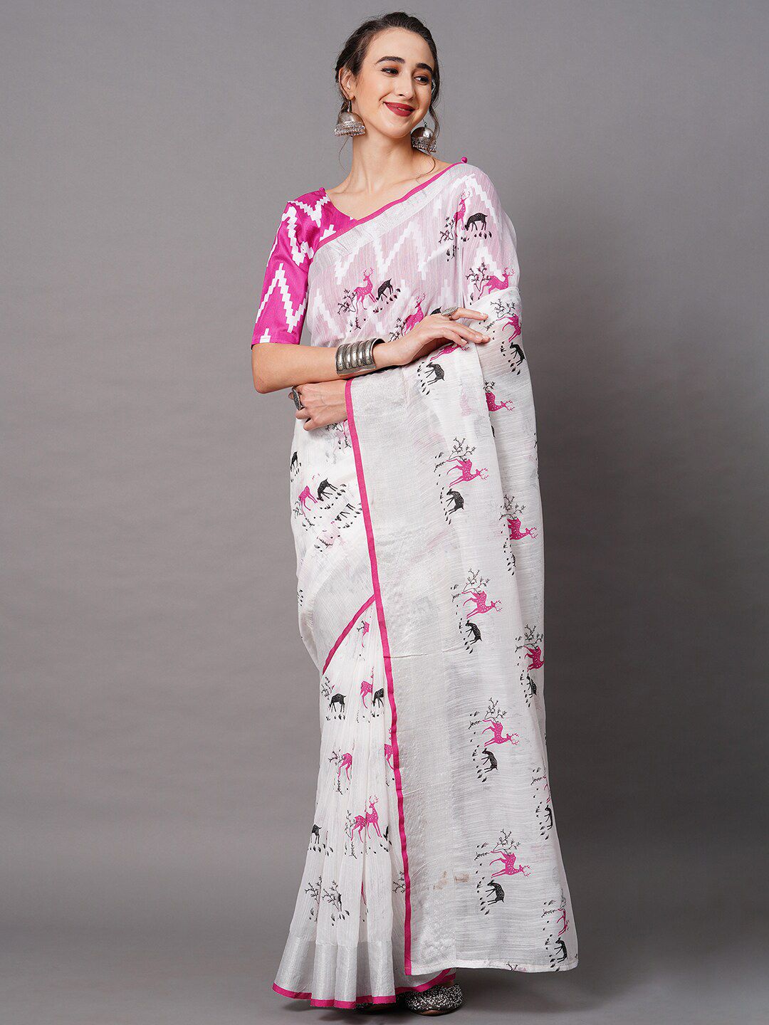 Mitera Off White & Magenta Ethnic Motifs Linen Blend Saree Price in India