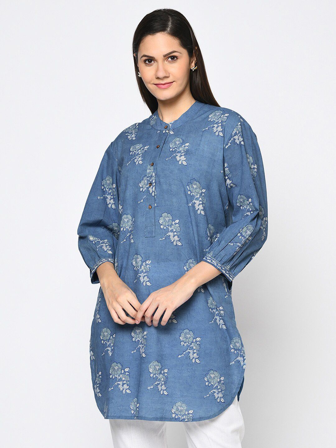 Fabindia Blue & White Mandarin Collar Printed Tunic Price in India