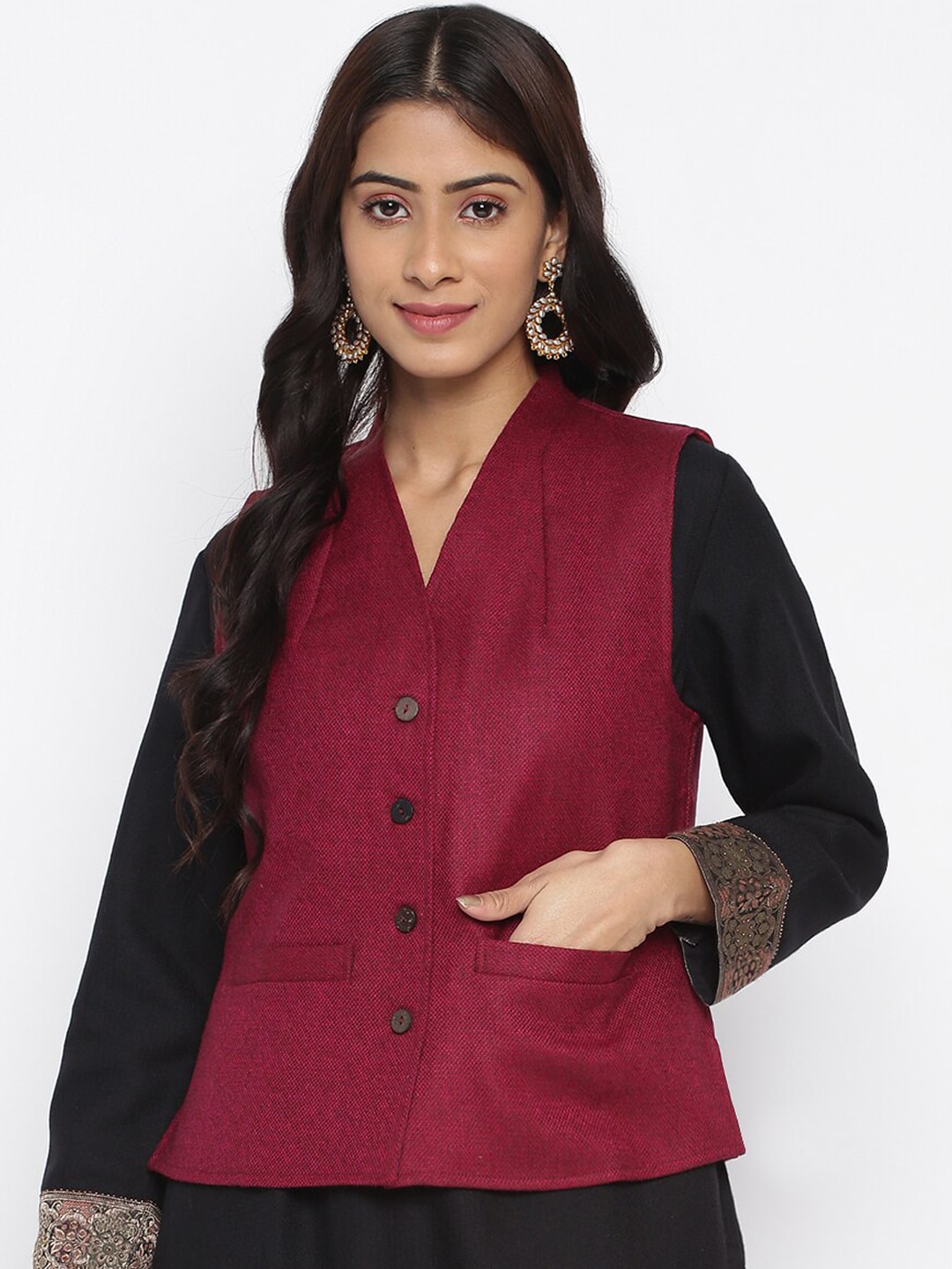Fabindia Women Fuchsia Solid Wool Waistcoat Price in India