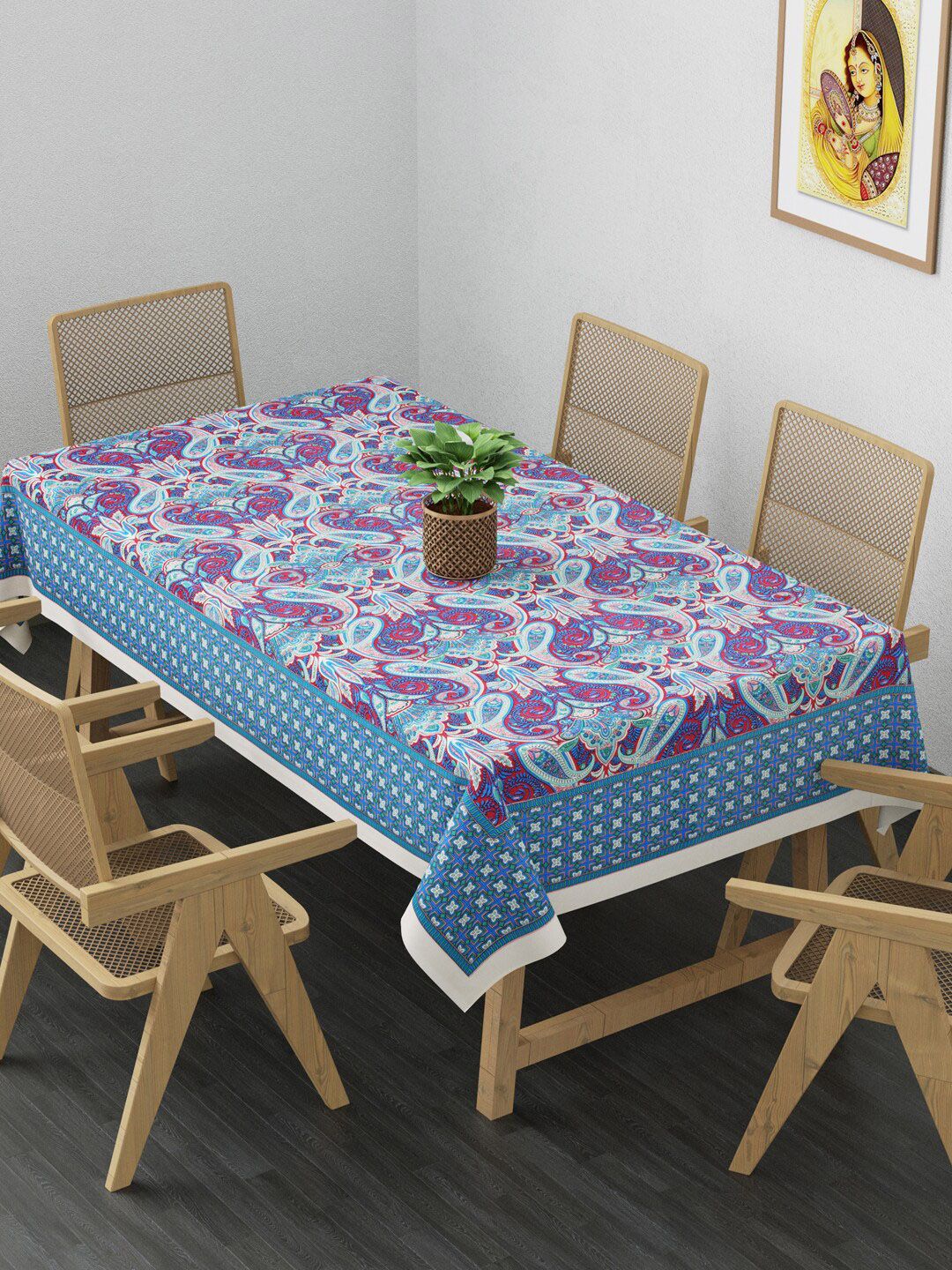 Clasiko Blue & Red Floral Printed 6-Seater Rectangular Table Cover Price in India