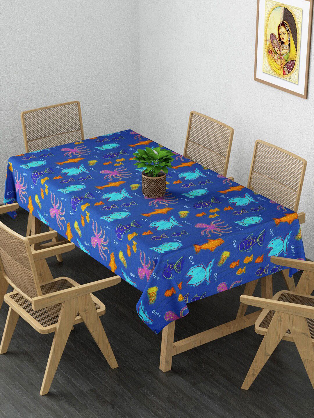 Clasiko Blue & Orange Pure Cotton Rectangular 6-Seater Table Cover Price in India