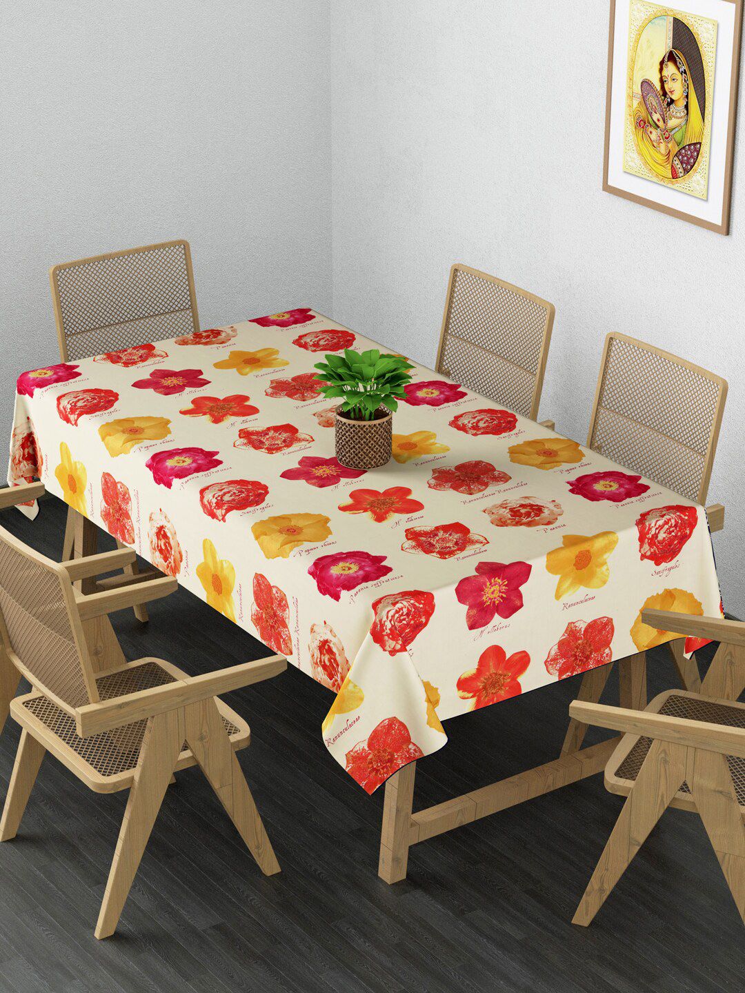 Clasiko Beige & Red Floral Printed Pure Cotton 6-Seater Table Cover Price in India