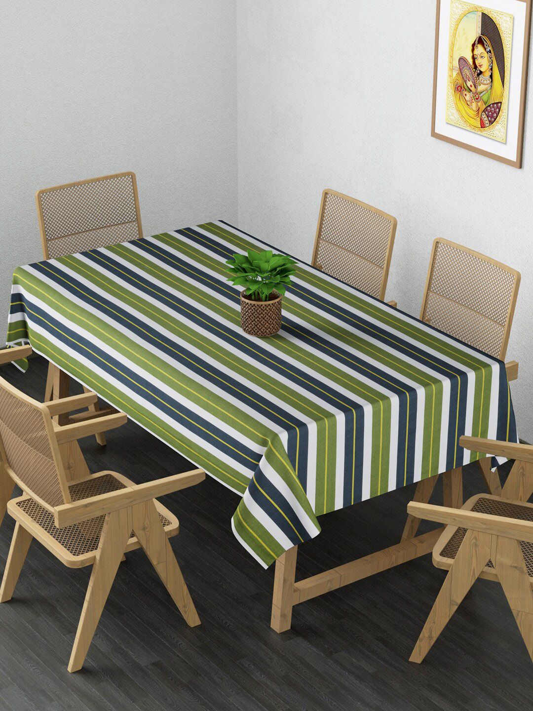 Clasiko White & Green Striped 6-Seater Pure Cotton Table Cover Price in India