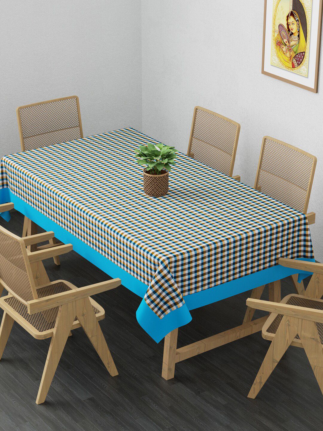Clasiko Blue & White Checked 6-Seater Rectangular Table Cover Price in India