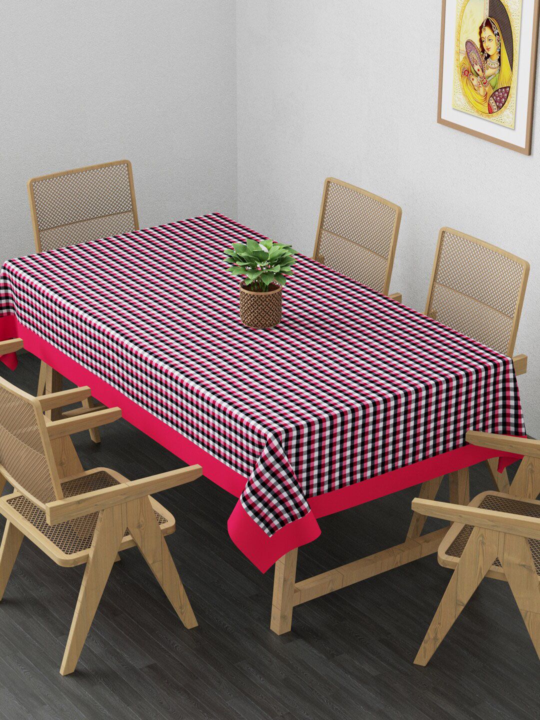 Clasiko Pink & Black Checked 6-Seater Rectangular Table Cover Price in India