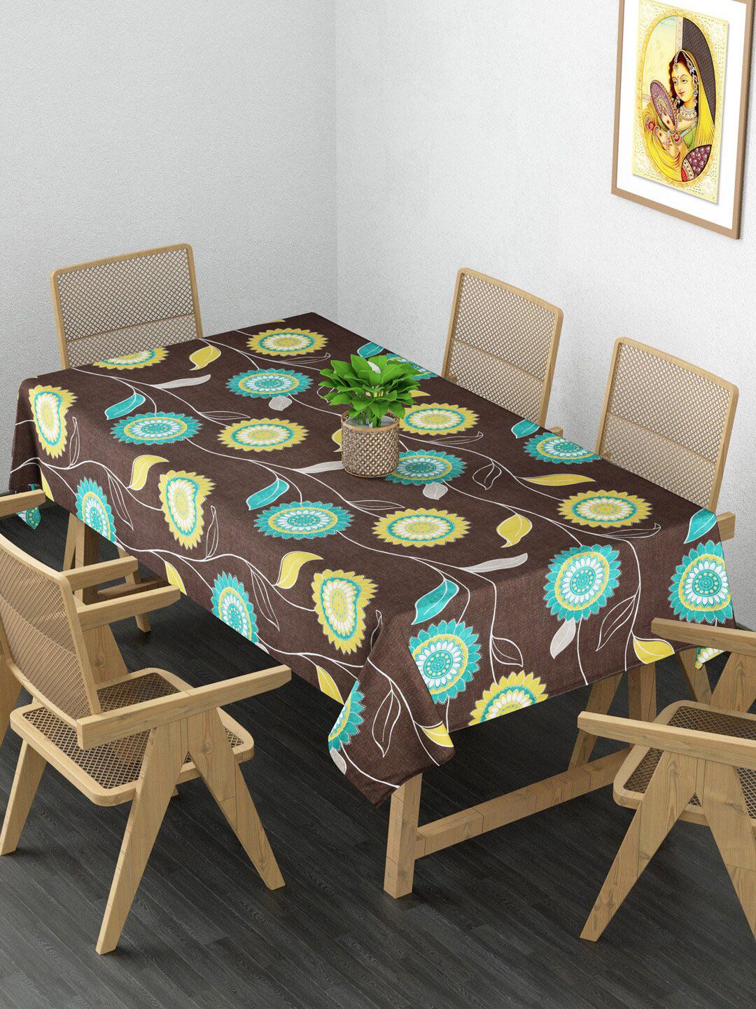 Clasiko Brown & Blue Printed 6-Seater Pure Cotton Table Cover Price in India