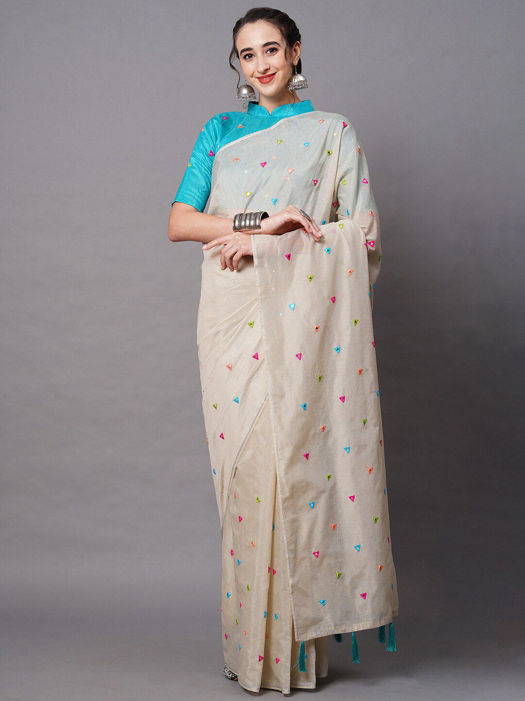 Mitera Off White & Blue Mirror Work Embellished Saree Price in India