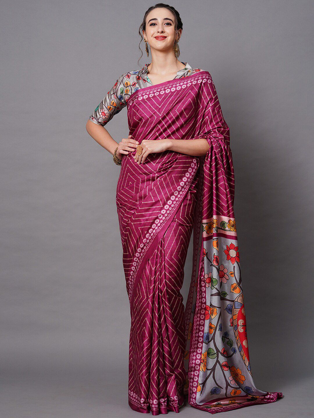 Mitera Magenta & Grey Silk Blend Geometric Printed Saree Price in India