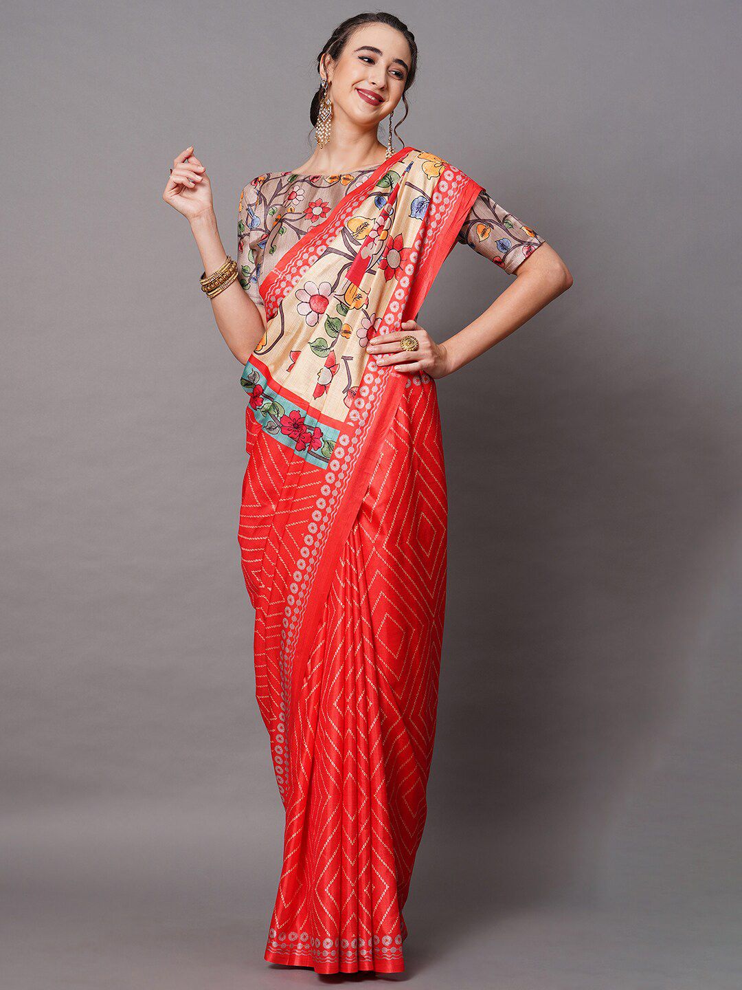 Mitera Red & Beige Silk Blend Floral Printed Saree Price in India