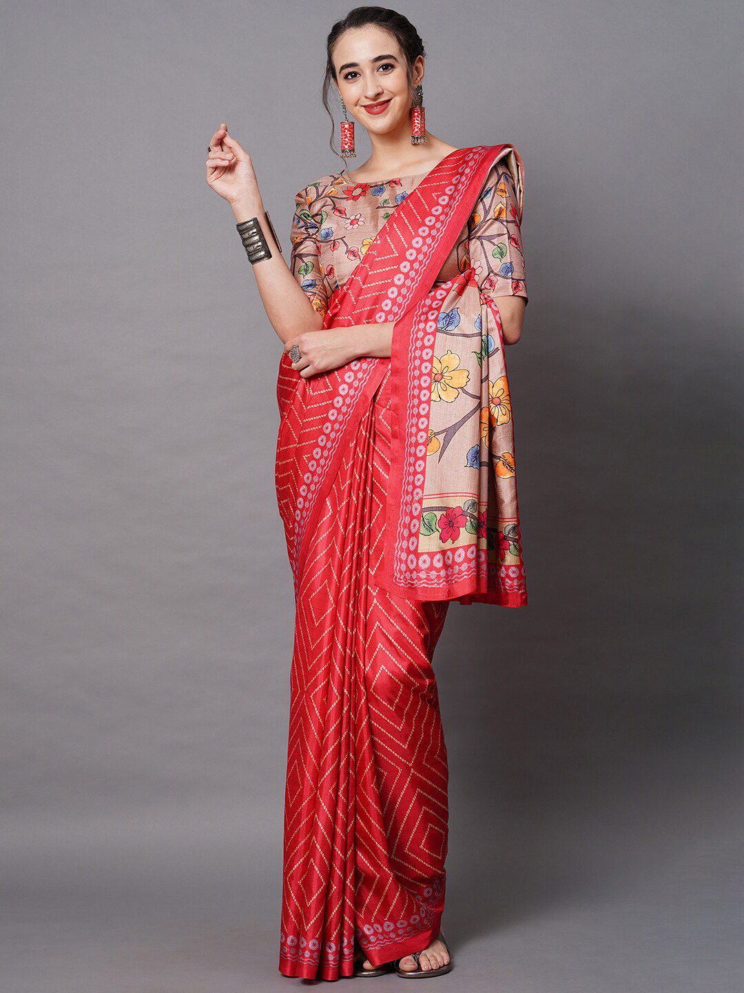 Mitera Red & Beige Silk Blend Geometric Printed Saree Price in India