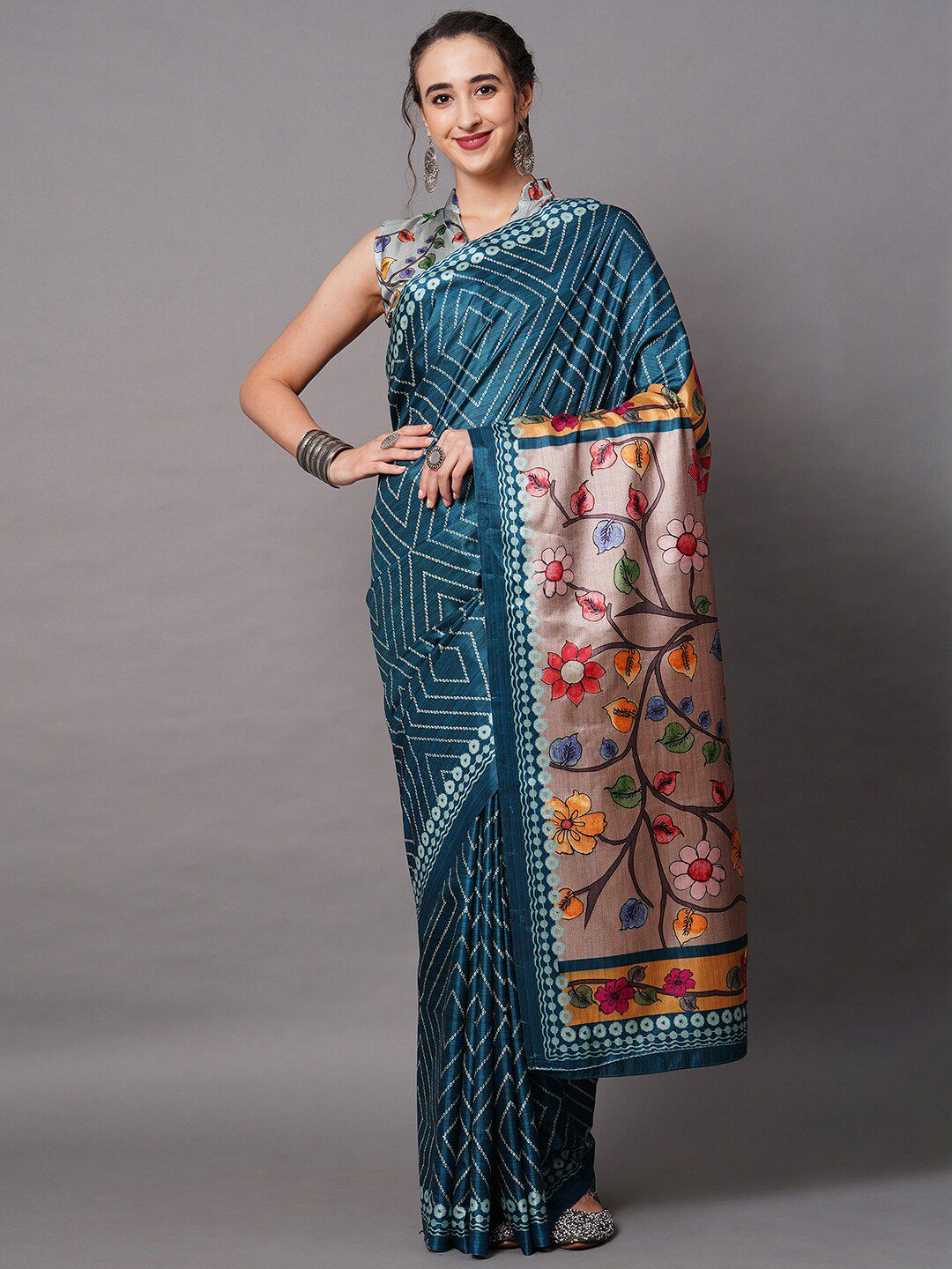 Mitera Teal & Grey Silk Blend Geometric Printed Saree Price in India