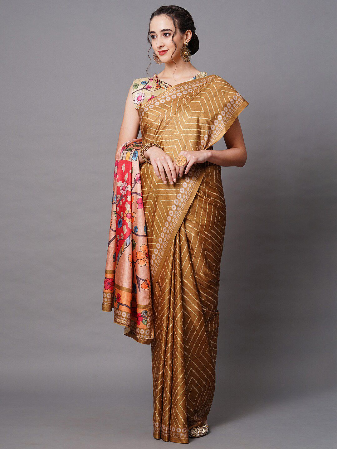 Mitera Mustard & Beige Silk Blend Geometric Printed Saree Price in India