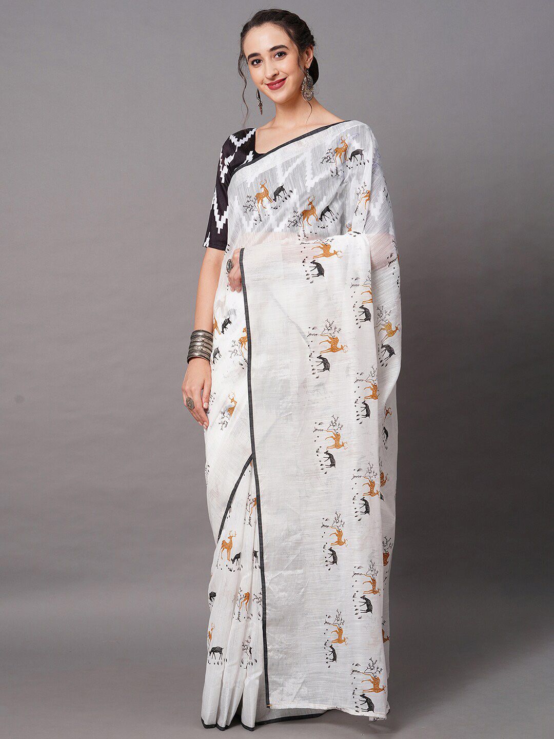 Mitera Women White & Black Silk Blend Printed Saree Price in India