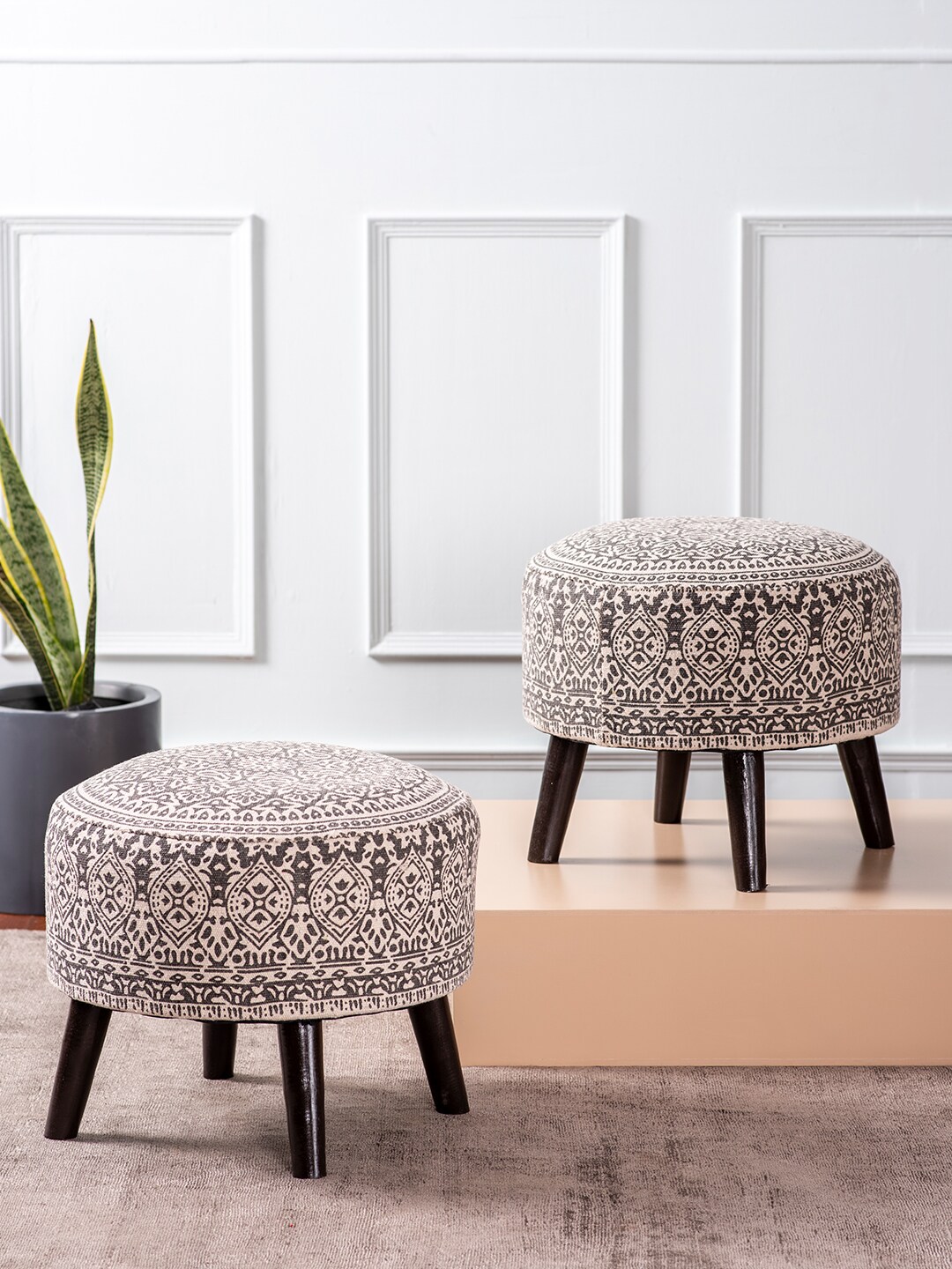 nestroots Grey Set of 2 Round Shape Wooden Cotton Pouffy Ottomans Price in India