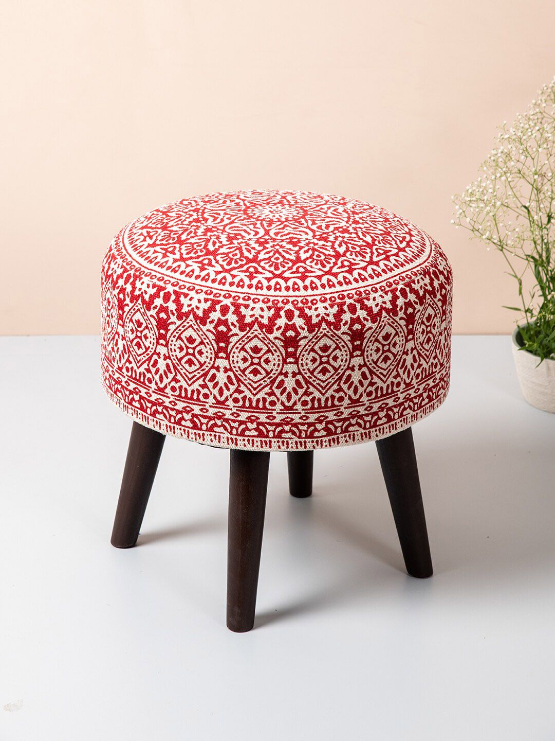 nestroots Red Round Shape Wooden Sitting Ottoman Price in India