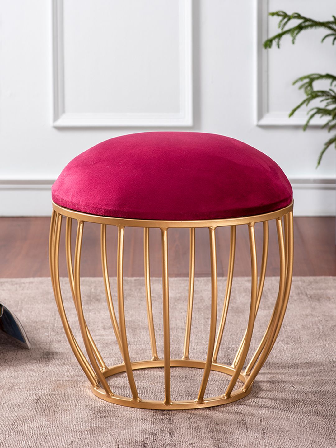 nestroots Maroon & Gold-Toned Solid Velvet Cage Ottoman Price in India