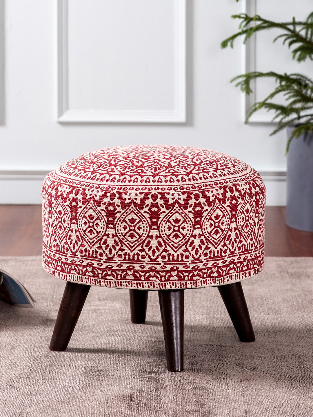nestroots Red Round Shape Wooden Sitting Ottoman Price in India