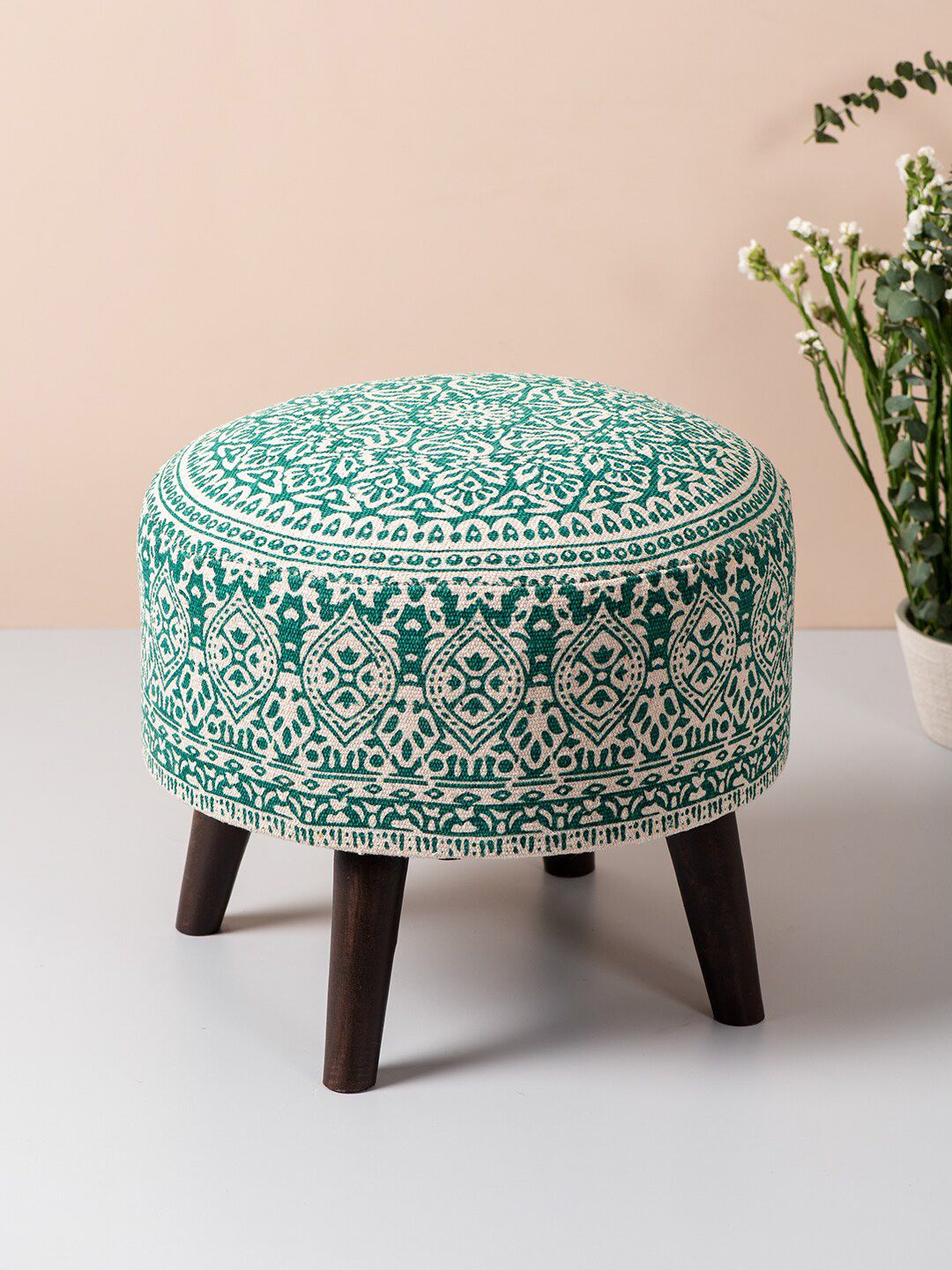 nestroots Green Printed Round Cotton Poufy Ottoman Price in India