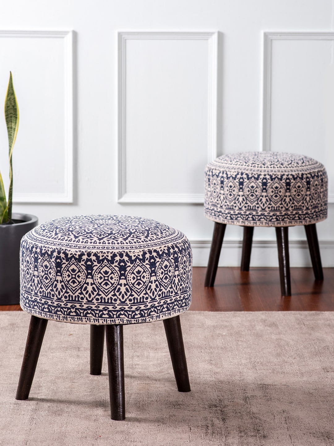 nestroots Set of 2 Navy Blue Printed Wooden Cotton Poufy Ottomans Price in India