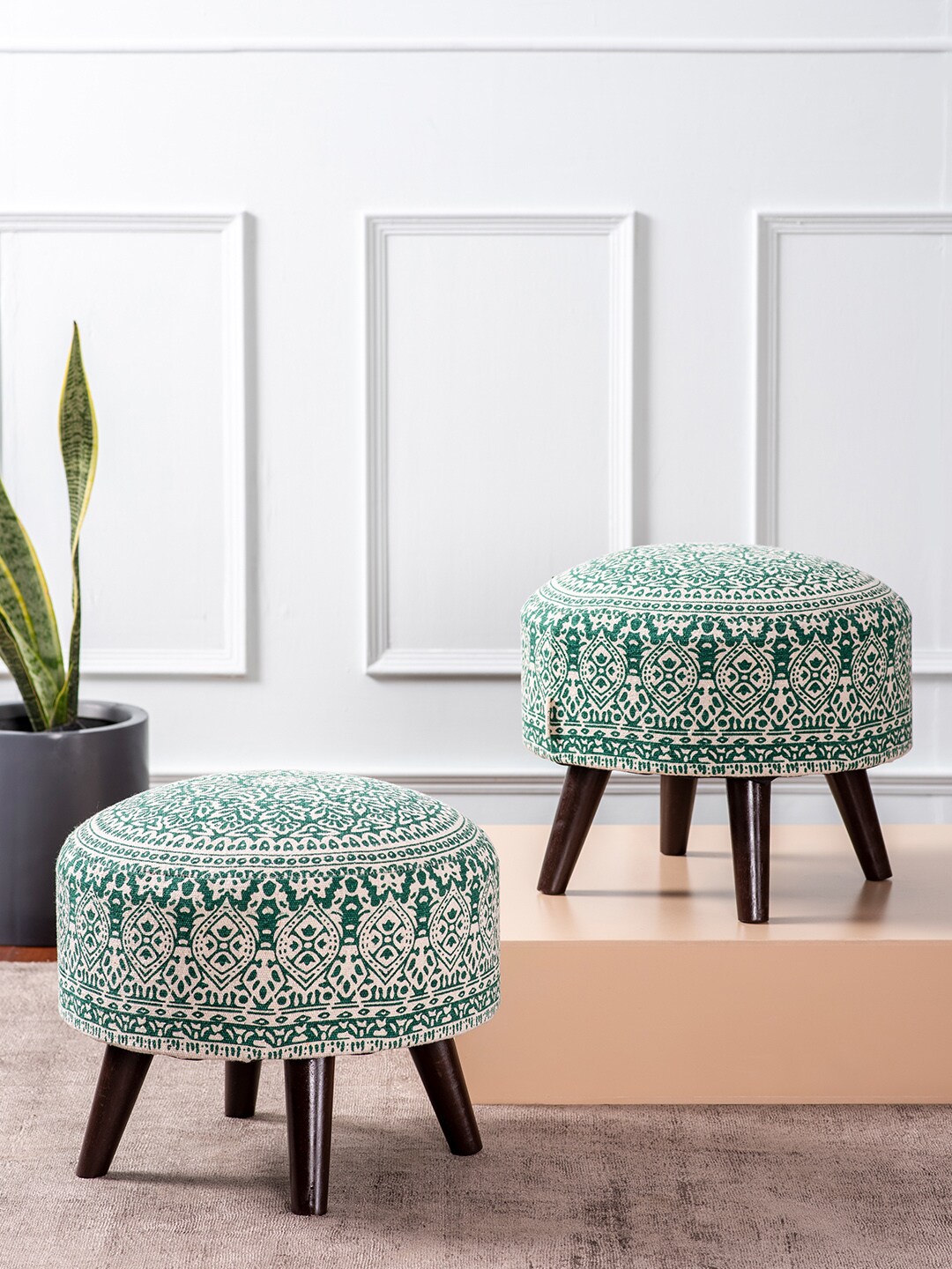 nestroots Set of 2 Beige & Green Round Shape Wooden Sitting Ottomans Price in India