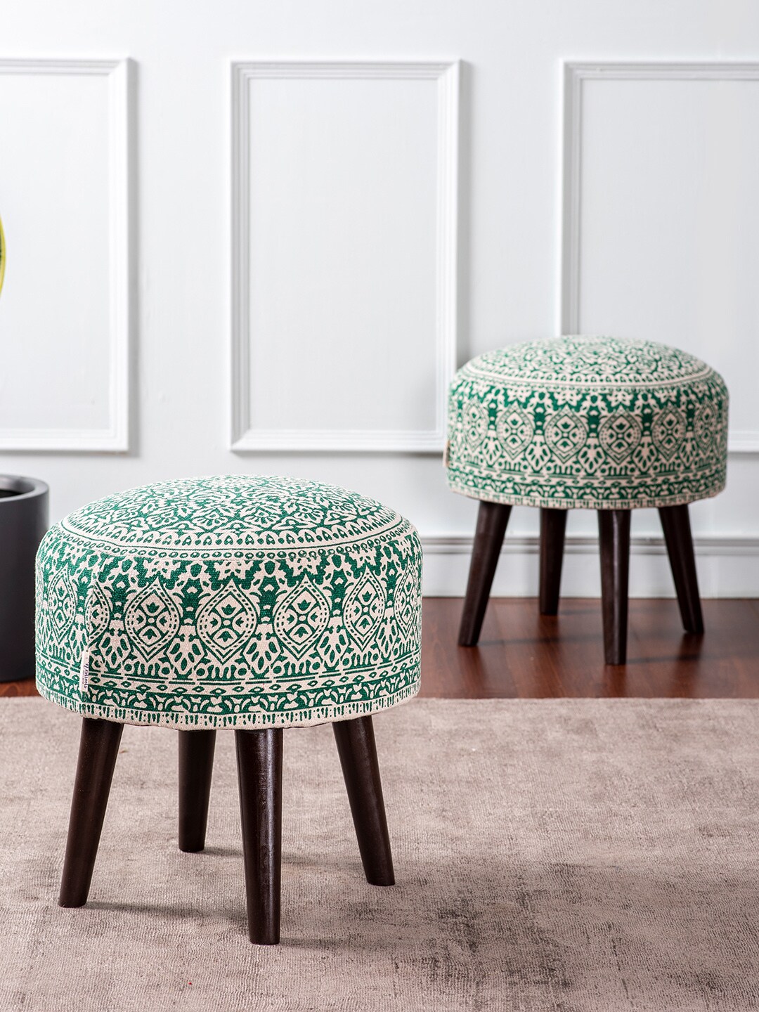 nestroots Green Set of 2 Round Shape Wooden Storage Ottoman Price in India