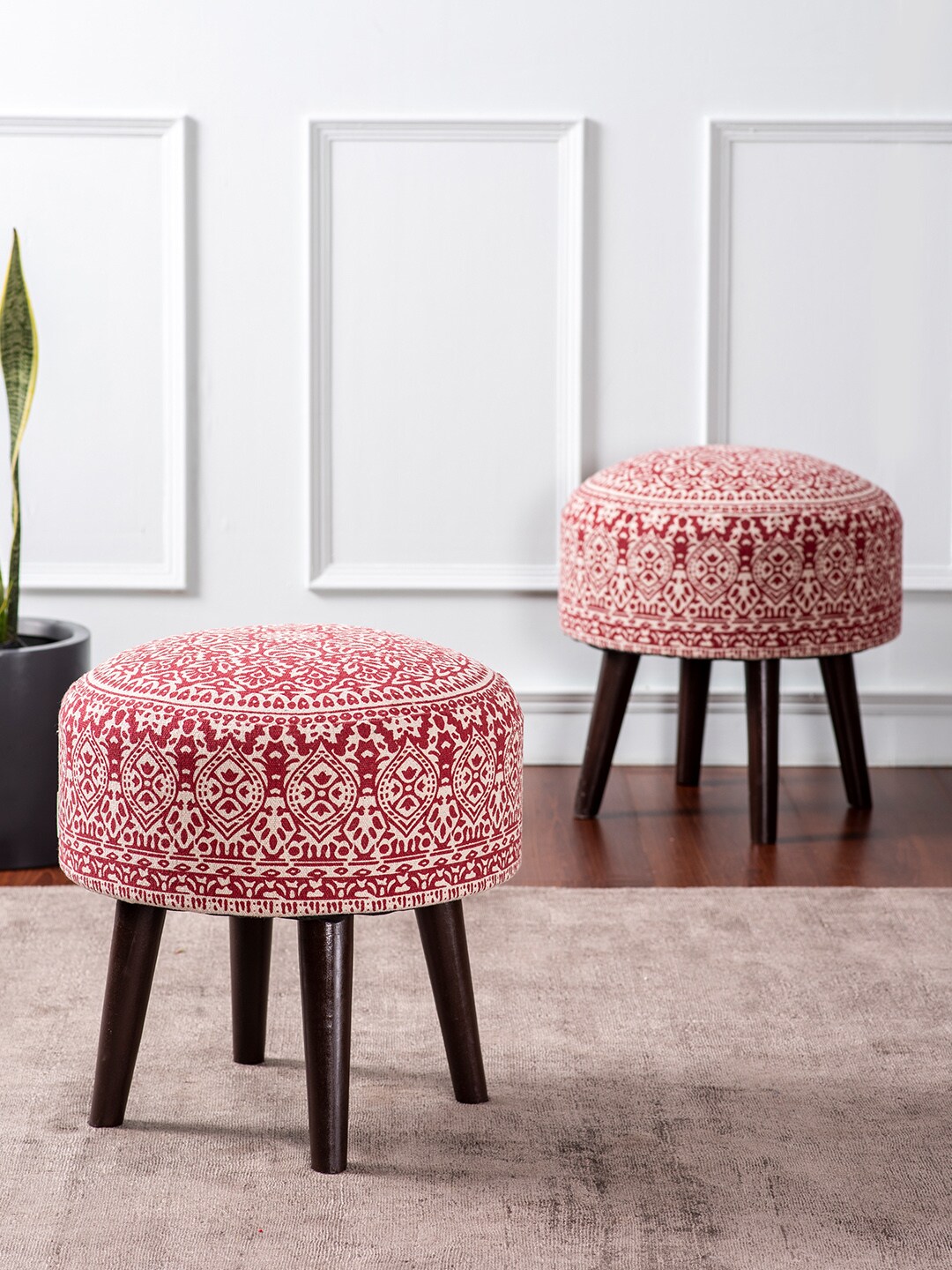 nestroots Red Set of 2 Round Shape Wooden Sitting Storage Ottoman Price in India