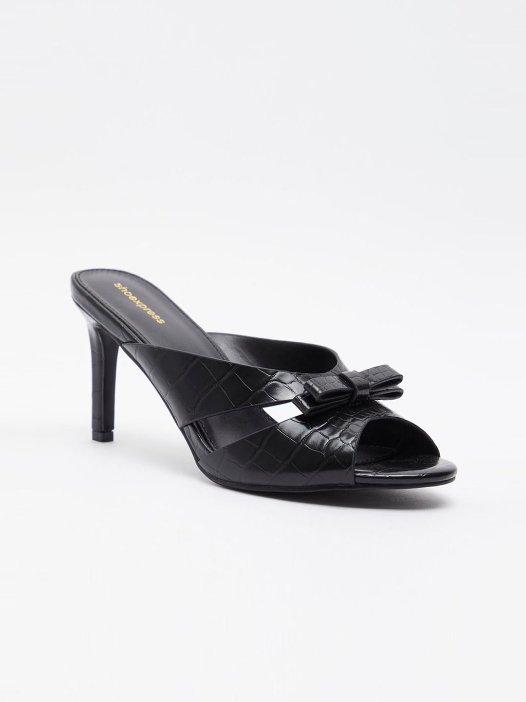 shoexpress Black Textured PU Stiletto Peep Toes With Bows Heel Sandals Price in India