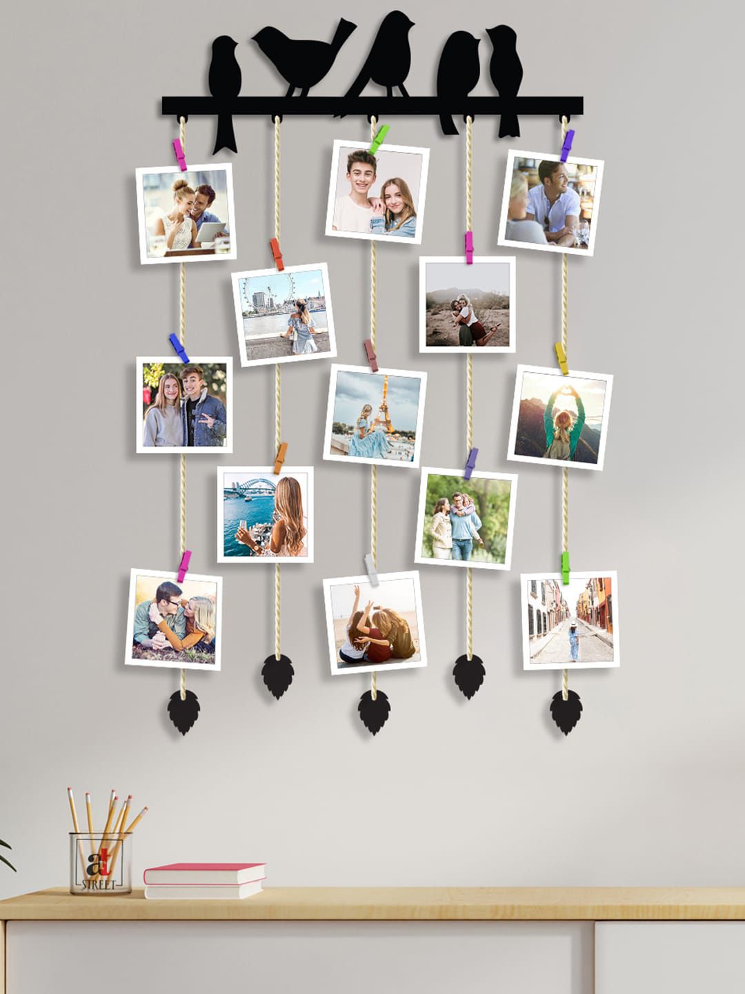 Art Street Birds Design MDF Plaque Clip Photo Collage Frame with Wooden Clips Price in India