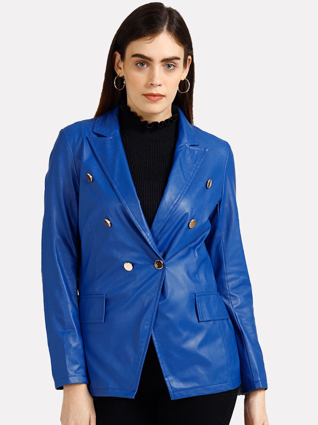 iki chic Women Blue Leather Open Front Jacket Price in India