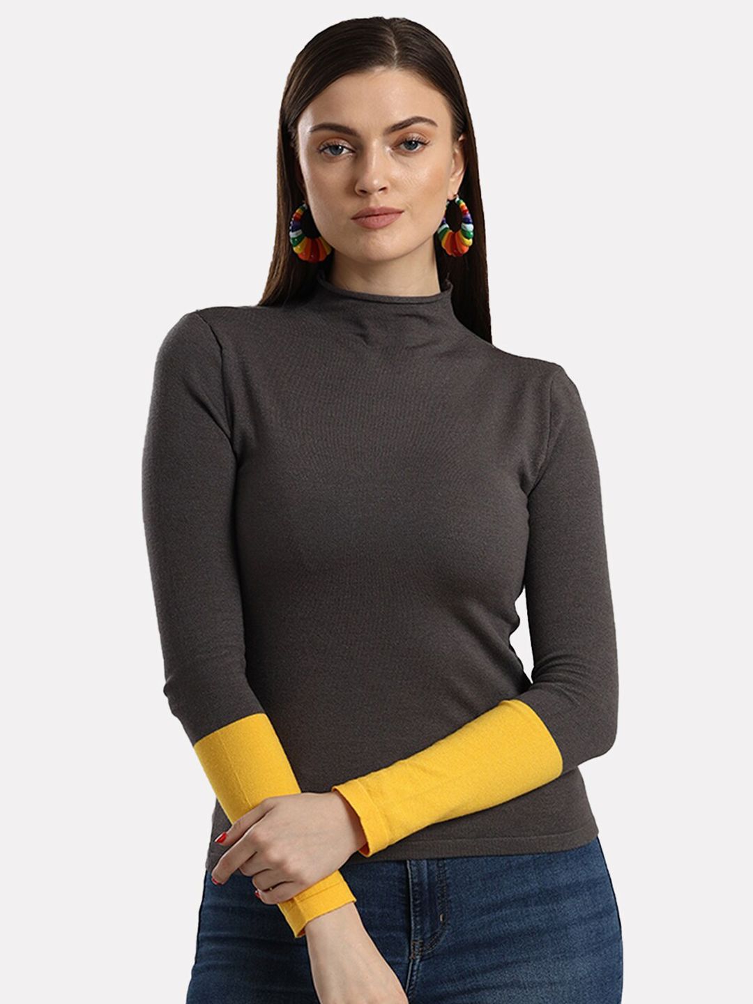 iki chic Women Grey & Yellow Pullover Price in India