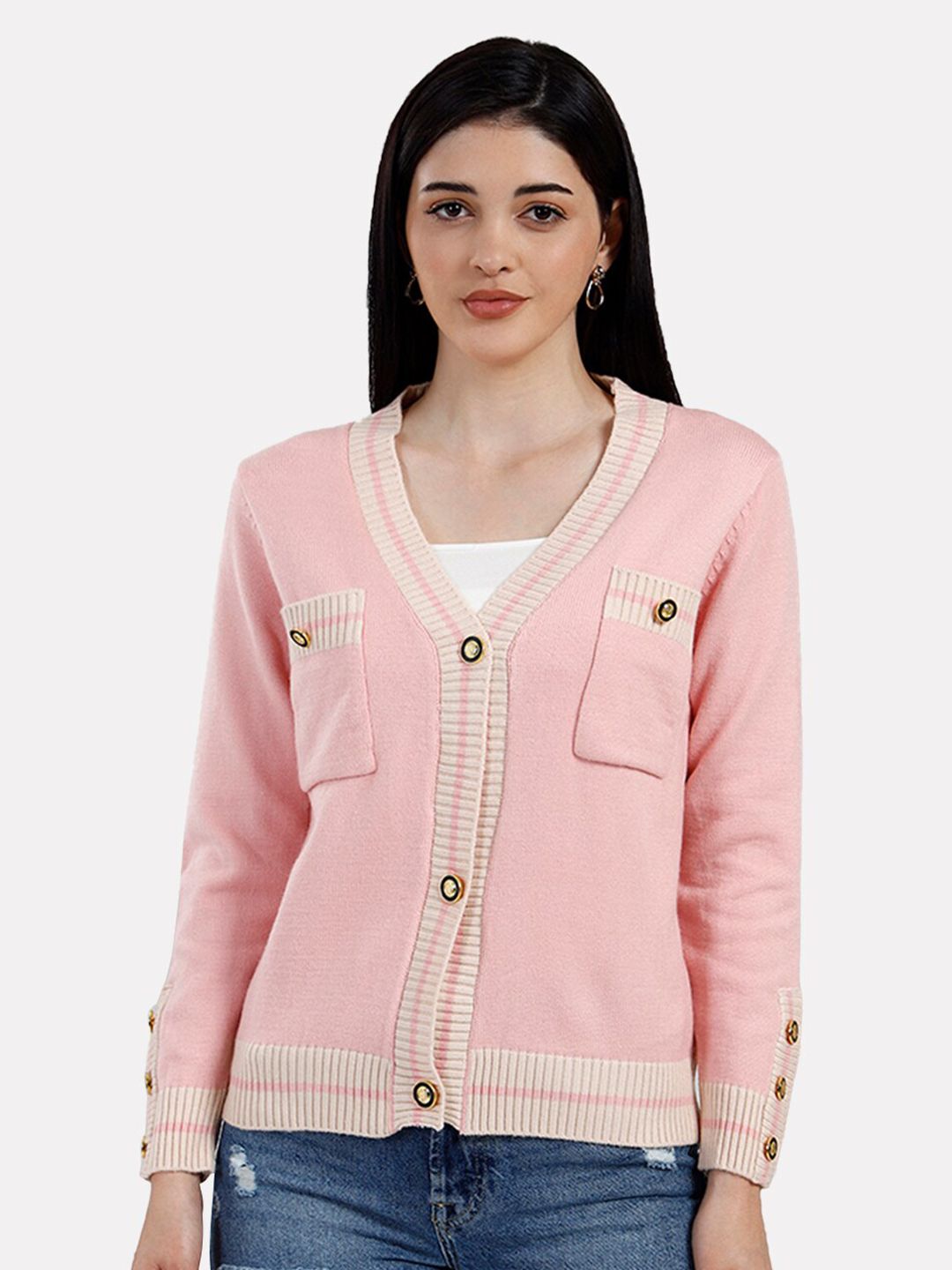 iki chic Women Pink & Beige Cardigan Price in India