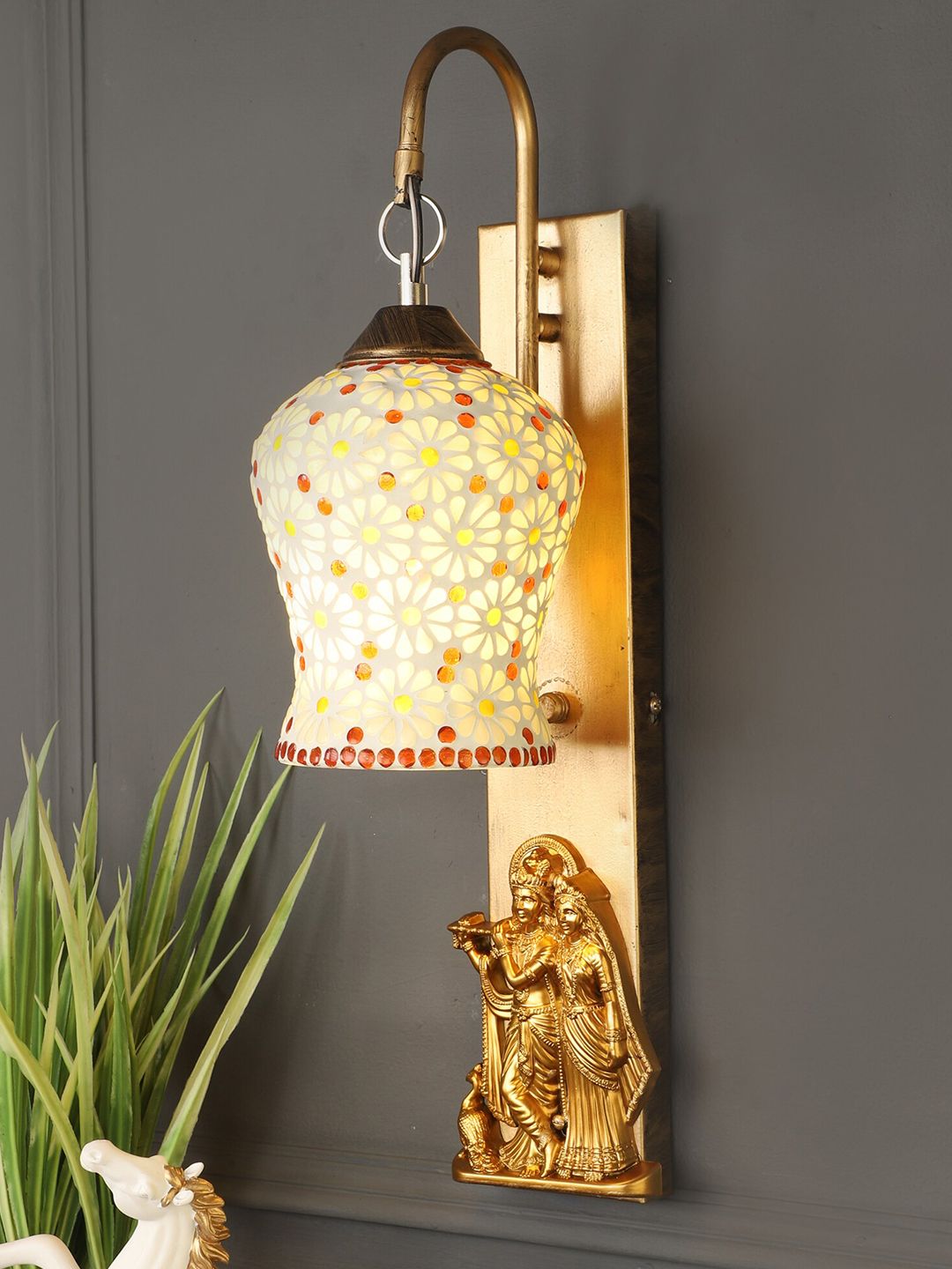 MFD HOME FURNISHING Gold-Toned & White Floral Textured Wall Lamp Price in India