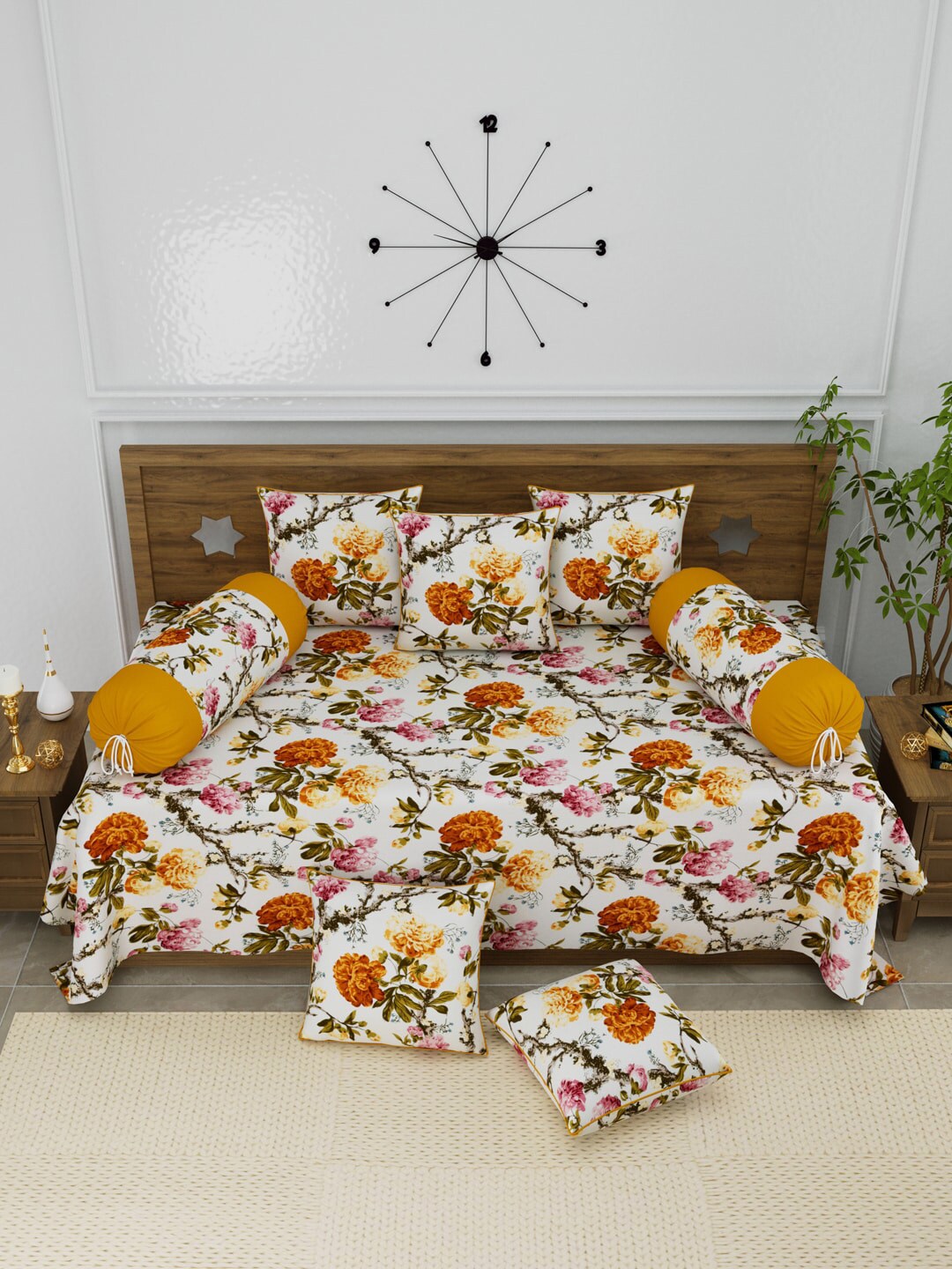 Clasiko 8 Pcs White & Yellow Printed Cotton Bedsheet With Bolster & Cushion Covers Price in India