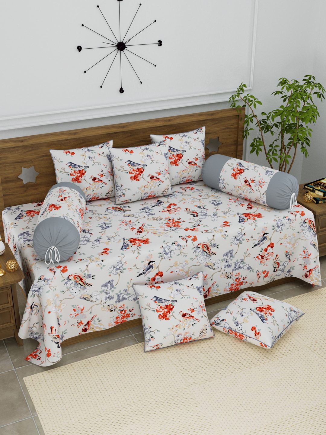 Clasiko 8 Pcs Beige & Grey Printed Bedsheet With Bolster & Cushion Covers Price in India