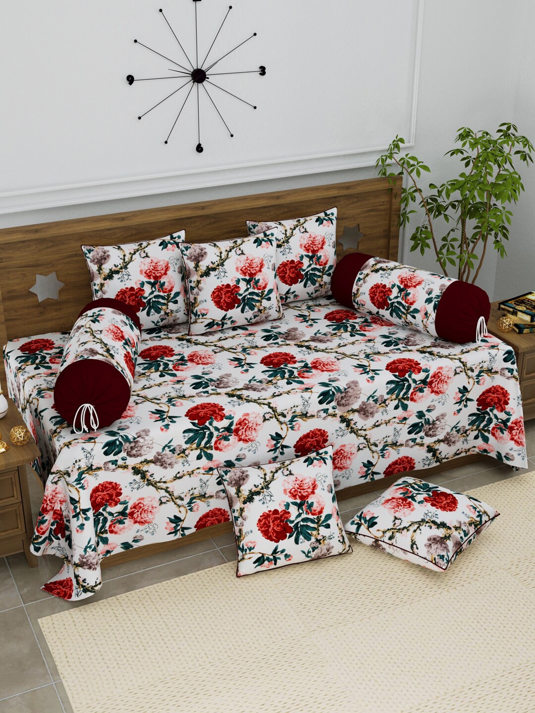 Clasiko 8 Pcs White & Pink Printed Cotton Bedsheet With Bolster & Cushion Covers Price in India