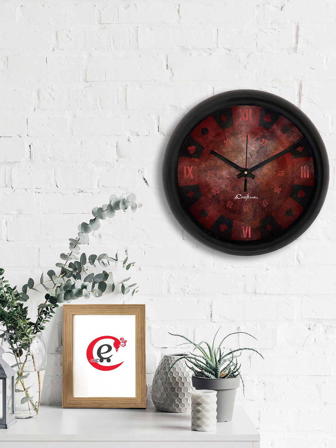 eCraftIndia Brown & Black Poker Card Suits Printed Contemporary Analogue Wall Clock Price in India