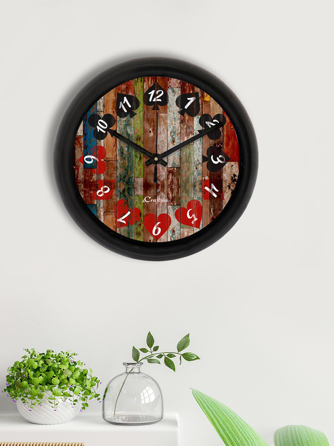 eCraftIndia Brown & Red Printed Contemporary Analogue Wall Clock Price in India