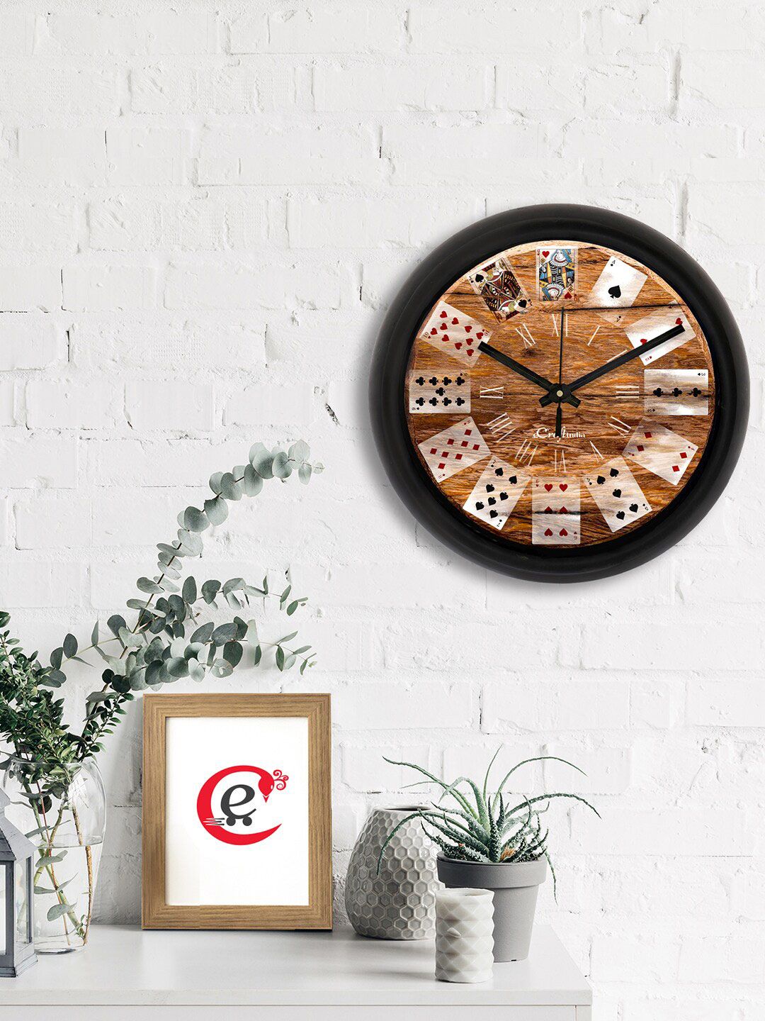 eCraftIndia Brown & Black Playing Cards Suits Printed Contemporary Analogue Wall Clock Price in India