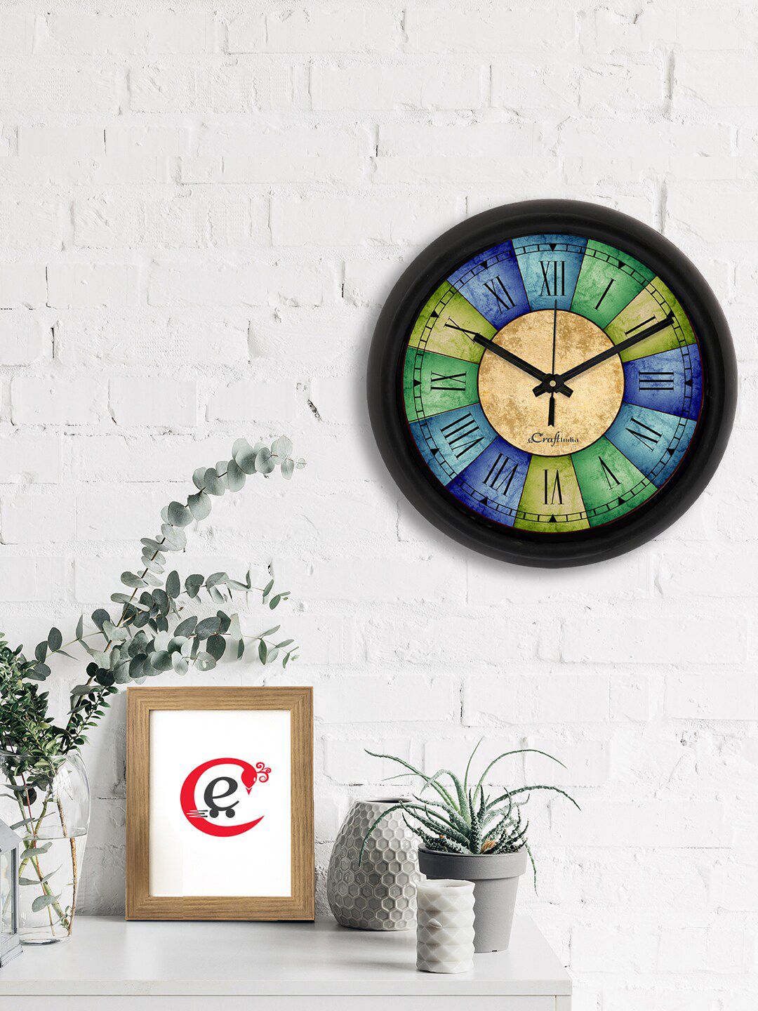 eCraftIndia Blue & Green Printed Contemporary Analogue Wall Clock Price in India