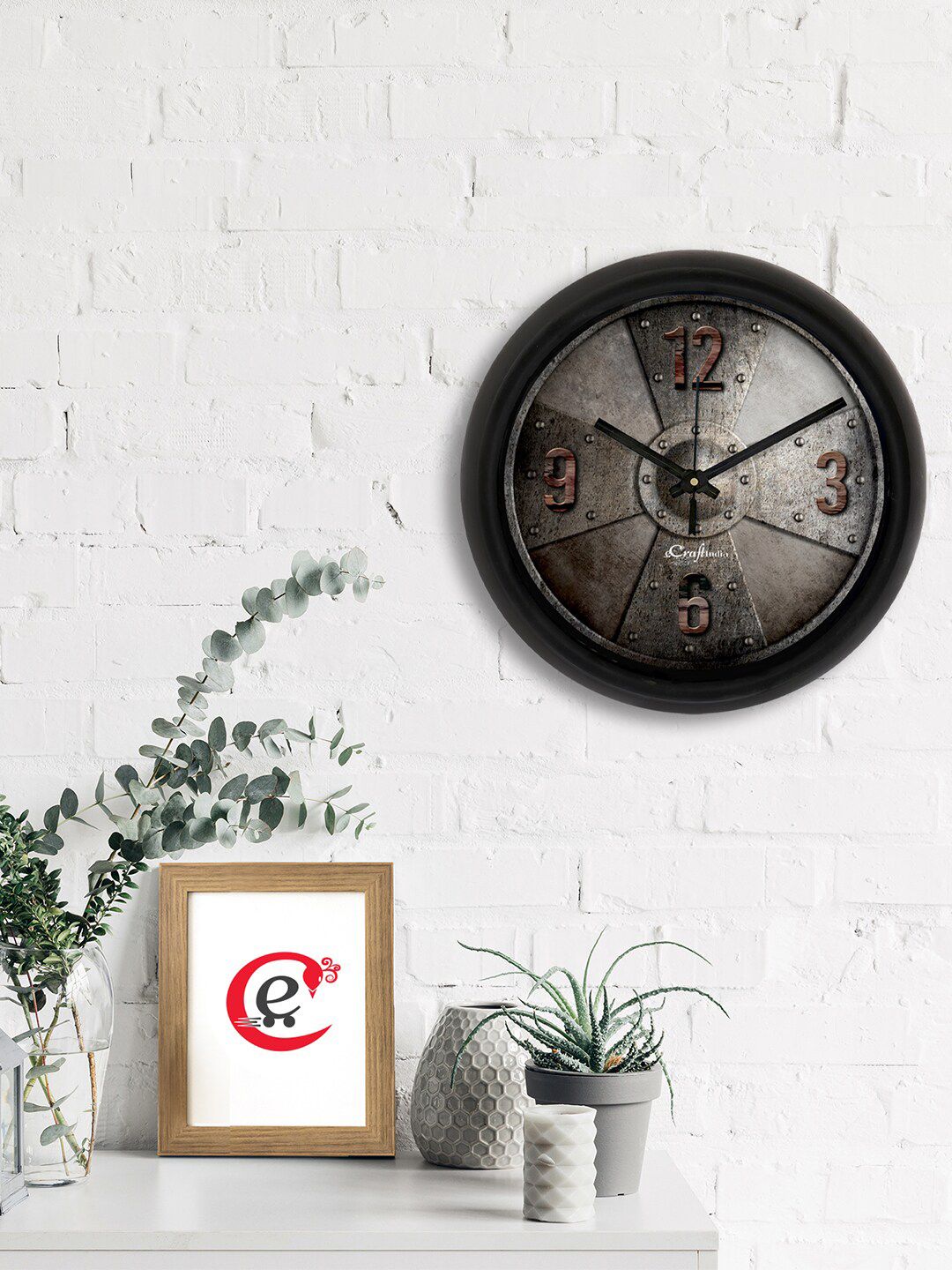 eCraftIndia Black & Brown Printed Contemporary Analogue Wall Clock Price in India