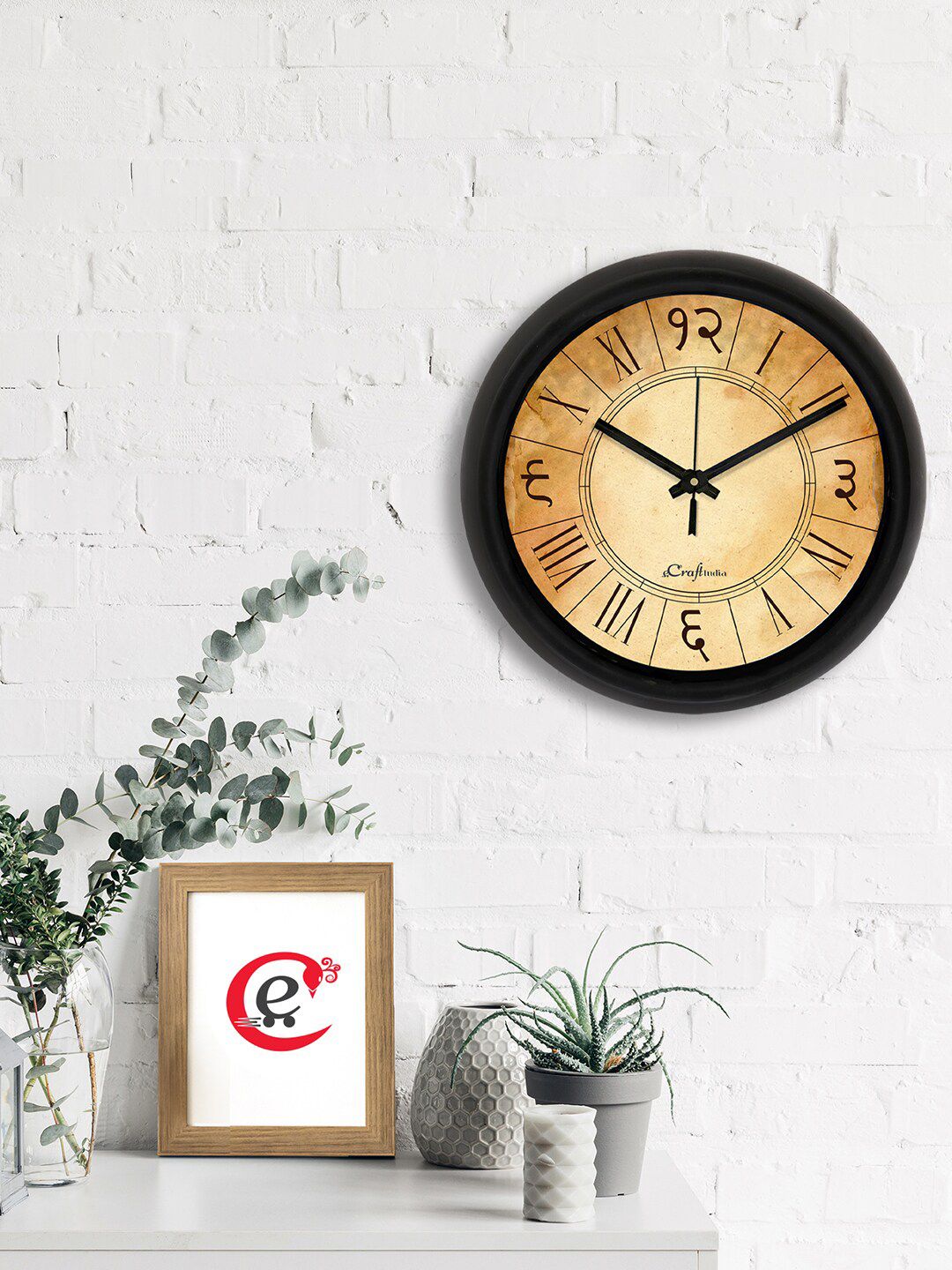 eCraftIndia Beige & Black Hindi Font Printed Contemporary Analogue Wall Clock Price in India