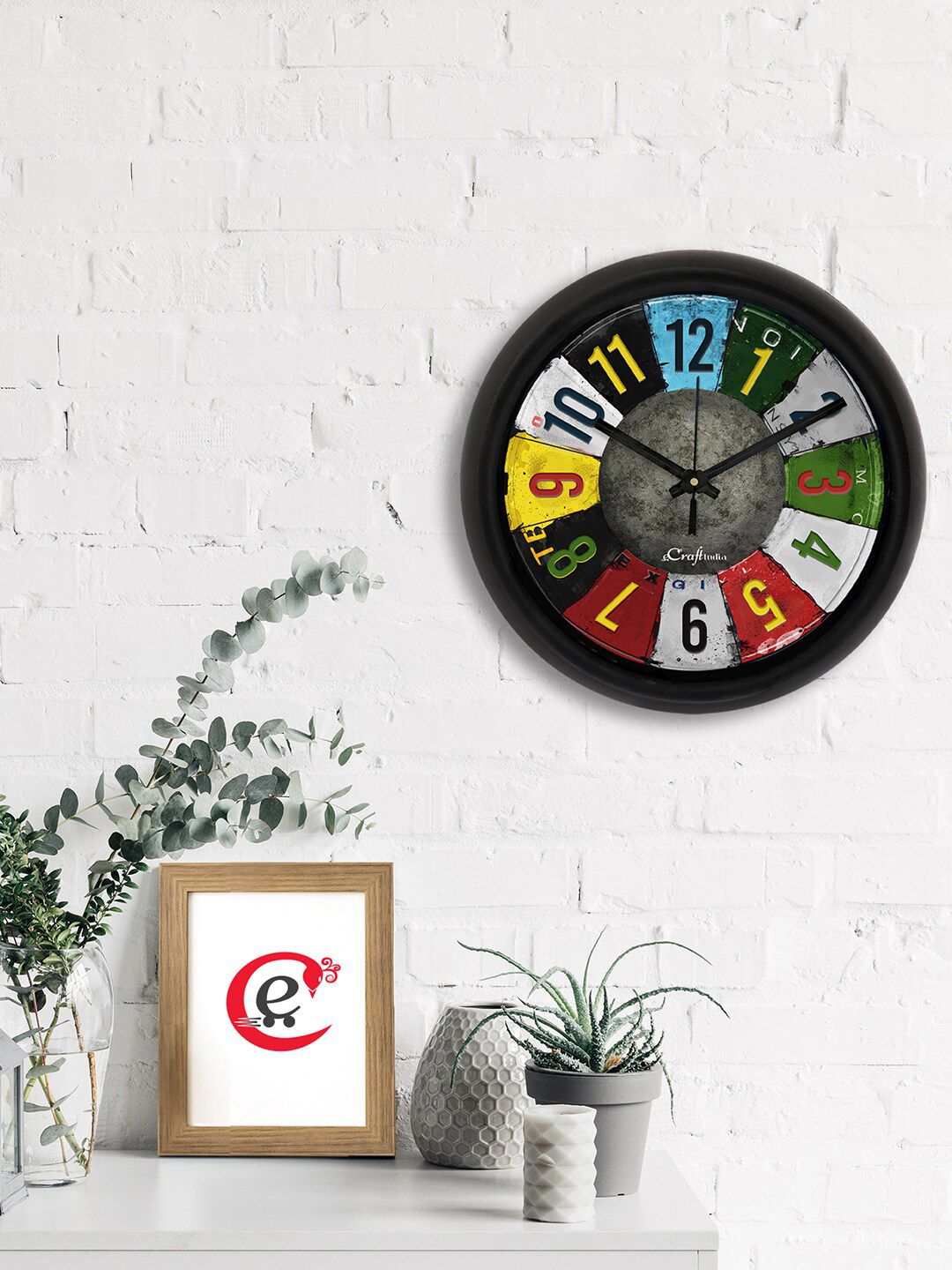 eCraftIndia Yellow & Grey Printed Contemporary Analogue Wall Clock Price in India