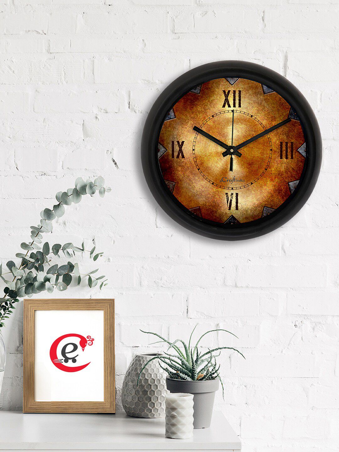 eCraftIndia Brown & Yellow Printed Contemporary Analogue Wall Clock Price in India