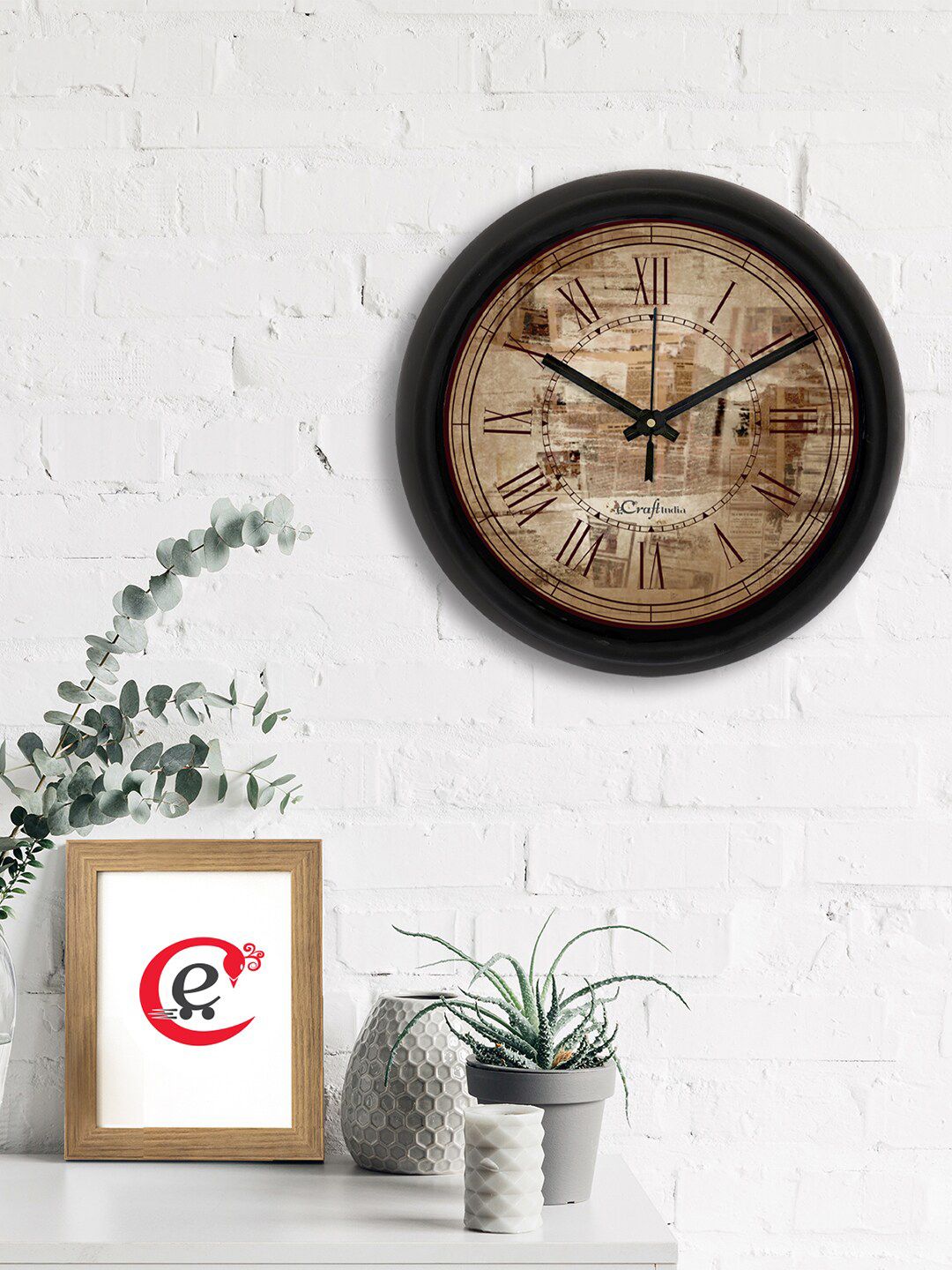 eCraftIndia Brown & Black Printed Contemporary Analogue Wall Clock Price in India