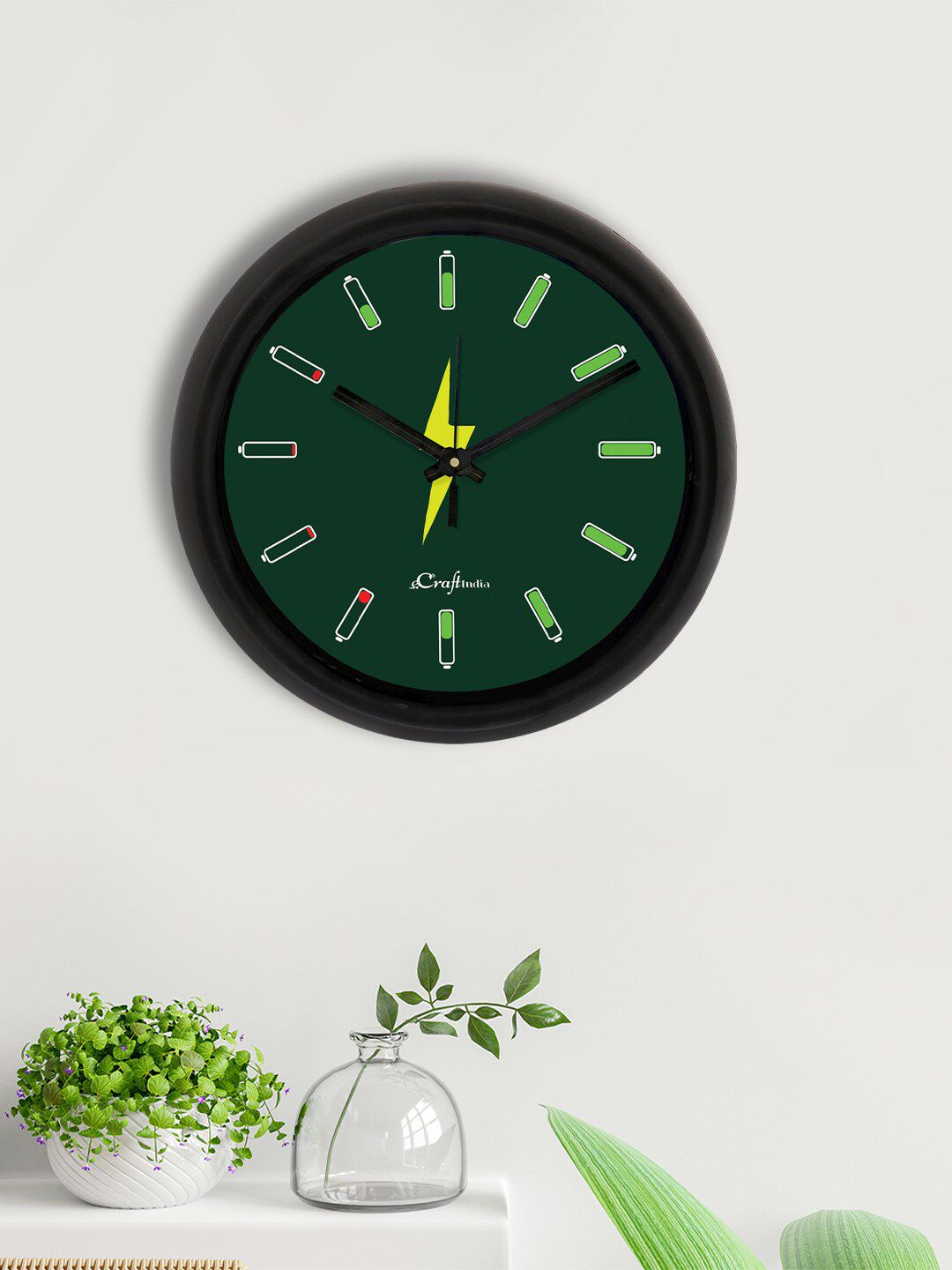 eCraftIndia Green & Black Printed Contemporary AnalogueWall Clock Price in India